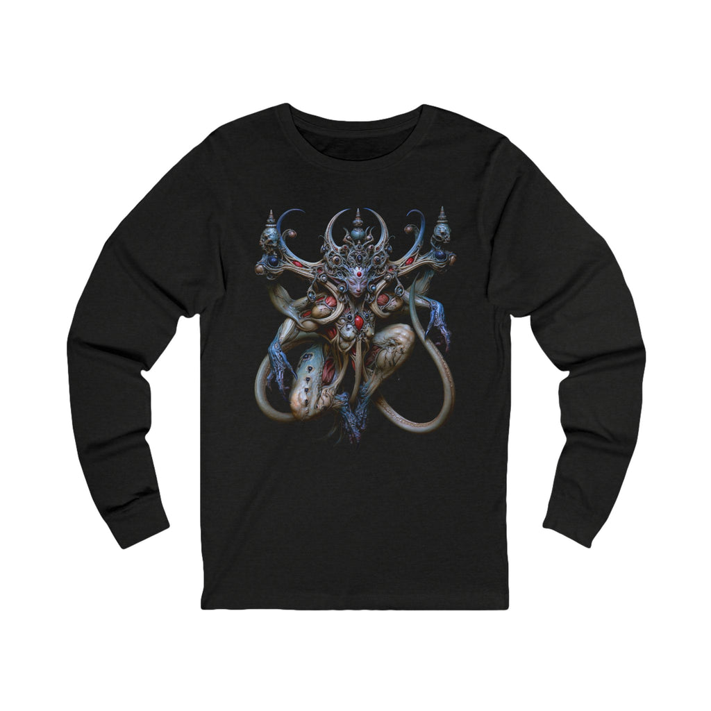 Front of What Cannot Be Taken Long Sleeve T-Shirt in Black Heather, featuring a blue and ivory guardian portrait with red accents and curling forms.