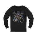 Front of What Cannot Be Taken Long Sleeve T-Shirt in Black Heather, featuring a blue and ivory guardian portrait with red accents and curling forms.