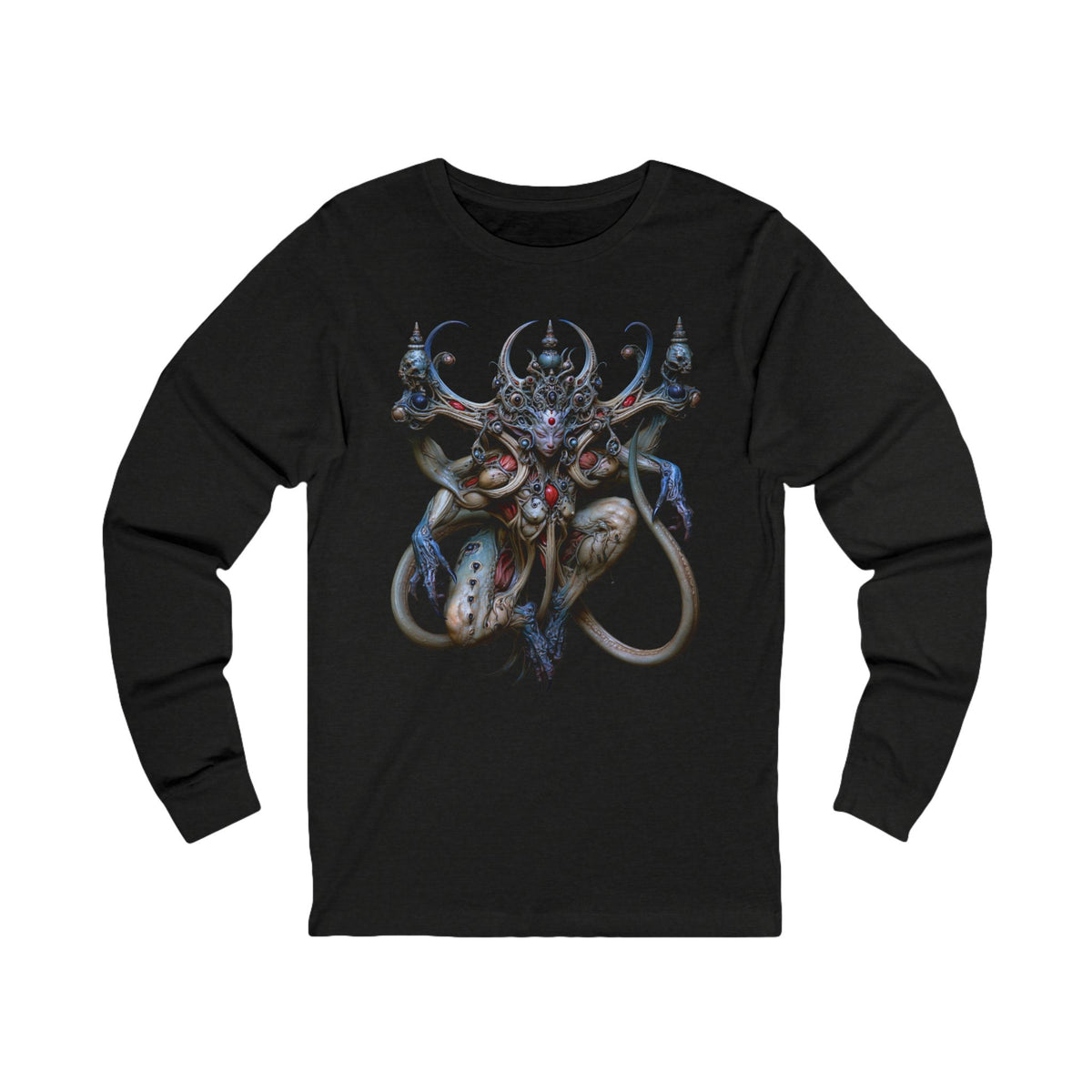 Front of What Cannot Be Taken Long Sleeve T-Shirt in Black Heather, featuring a blue and ivory guardian portrait with red accents and curling forms.