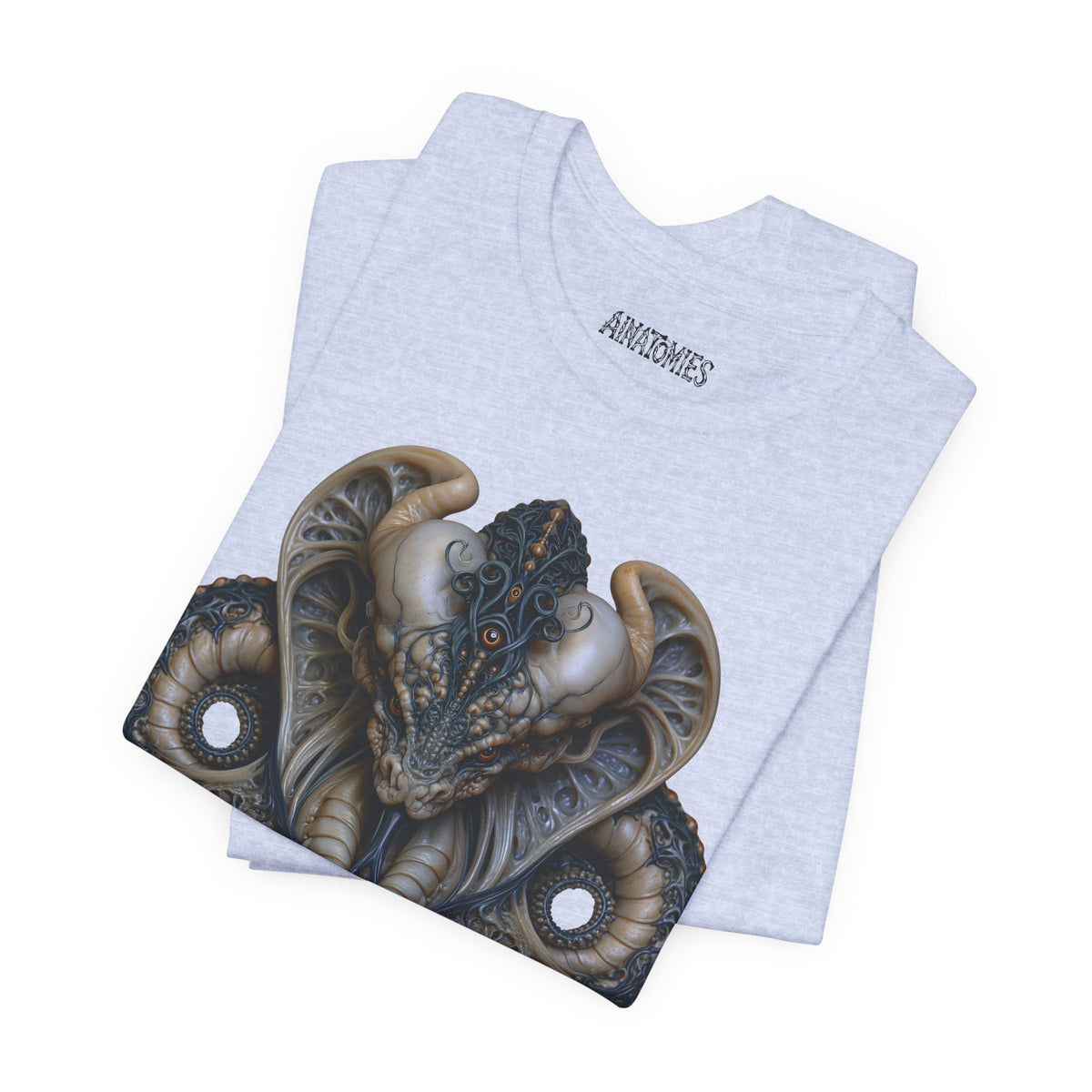 Folded The Refusal to End T-Shirt in Heather Prism Blue, showing a close view of a symmetrical serpent portrait with coiled forms in teal and ivory.