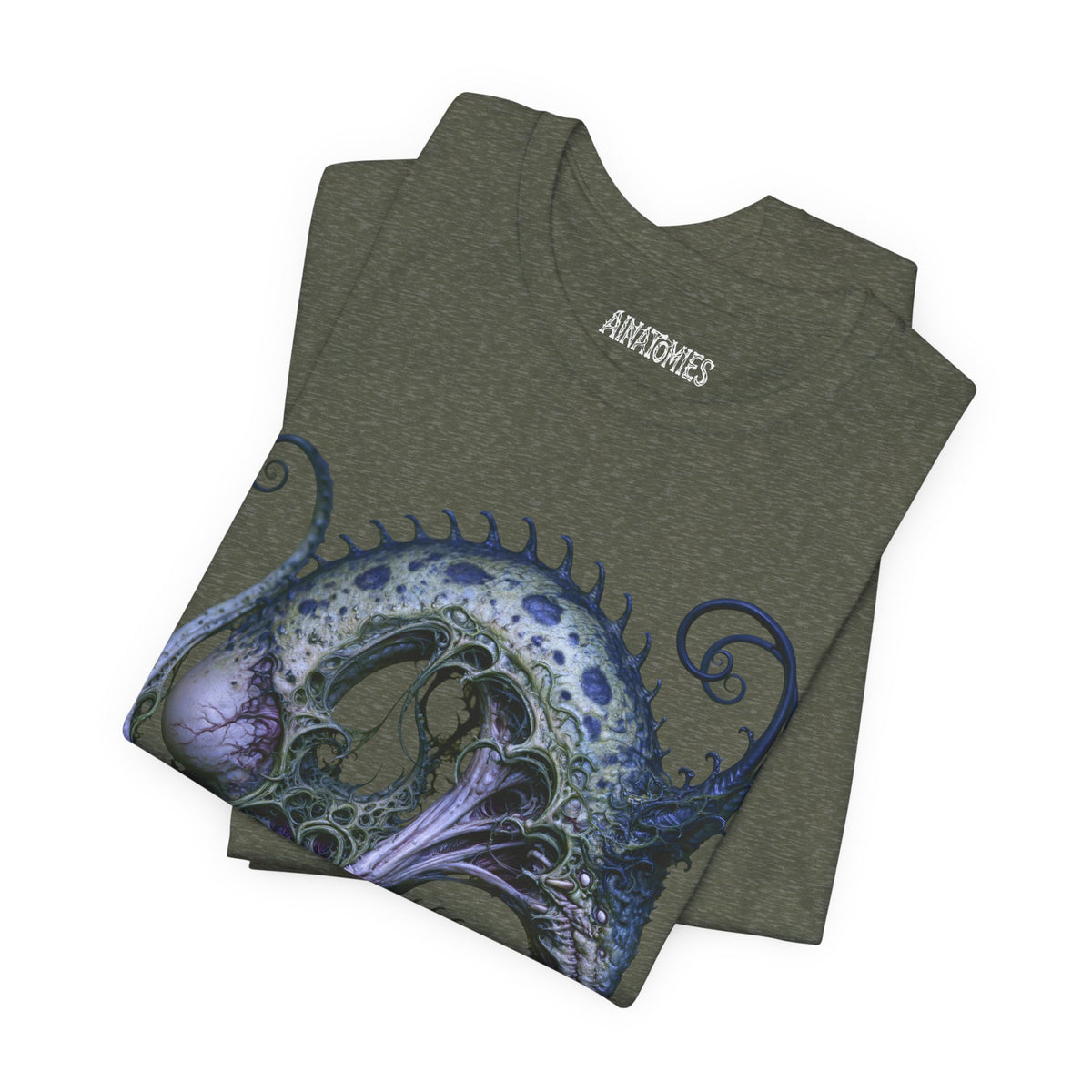 Folded A Stillness That Breathes T-Shirt in Heather Military Green, showing a close view of blue and violet sea serpent artwork.