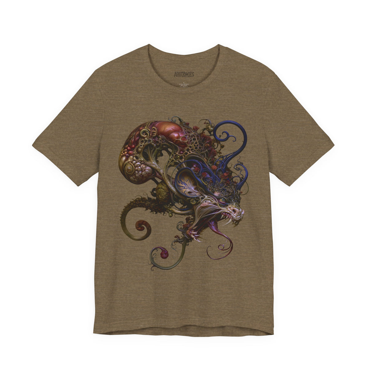Front of What the Fire Keeps T-Shirt in Heather Olive, featuring a curling dragon in burgundy, violet and blue.