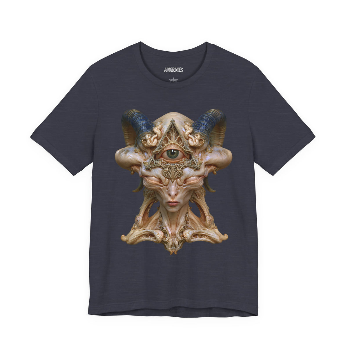 Front of The Unseen Order T-Shirt in Heather Midnight Navy, featuring an ivory otherworldly face with a green forehead eye and blue horns.