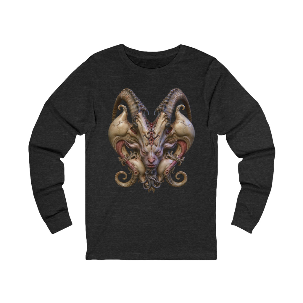 Front of The Sacred Contradiction Long Sleeve T-Shirt in Dark Grey Heather, featuring a symmetrical horned portrait in gold and blush tones.