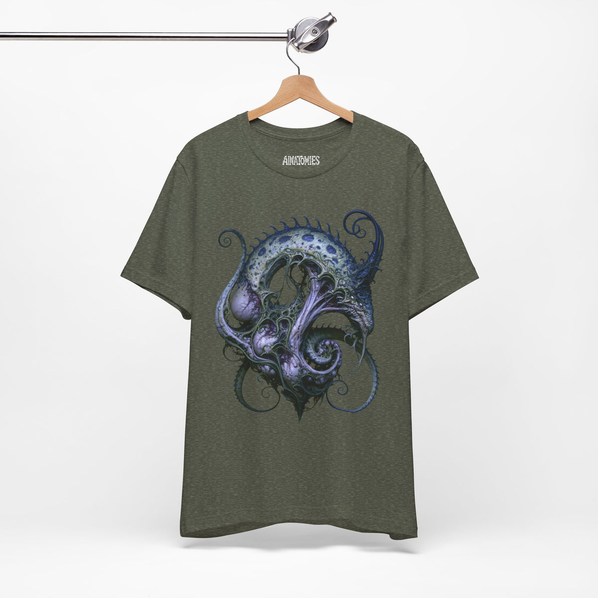 Hanging front view of A Stillness That Breathes T-Shirt in Heather Military Green, featuring blue and violet sea serpent artwork.