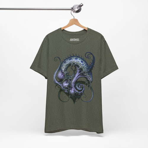 Hanging front view of A Stillness That Breathes T-Shirt in Heather Military Green, featuring blue and violet sea serpent artwork.