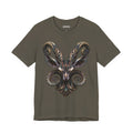 Front of Where Kings Must Kneel T-Shirt in Army, featuring a symmetrical bronze and teal creature with curled, segmented forms.