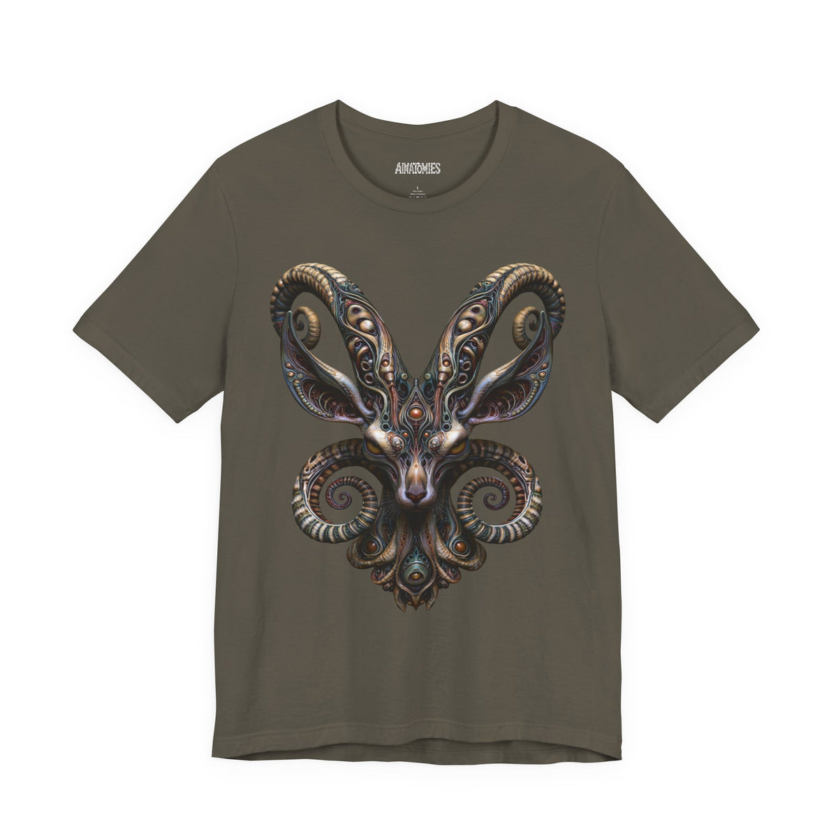 Front of Where Kings Must Kneel T-Shirt in Army, featuring a symmetrical bronze and teal creature with curled, segmented forms.