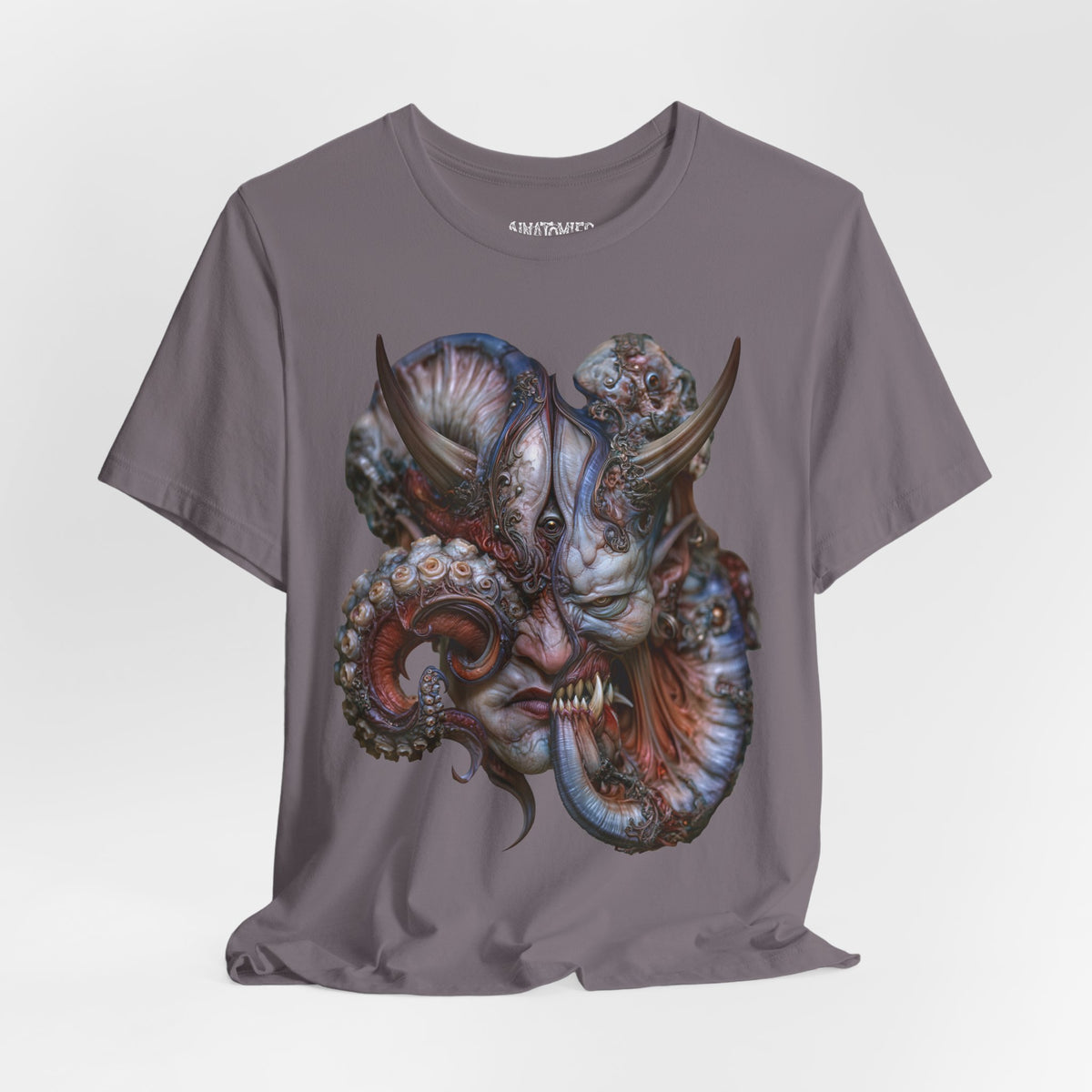 Draped front view of The Patience of Wrath T-Shirt in Storm, showing the artwork and fabric.