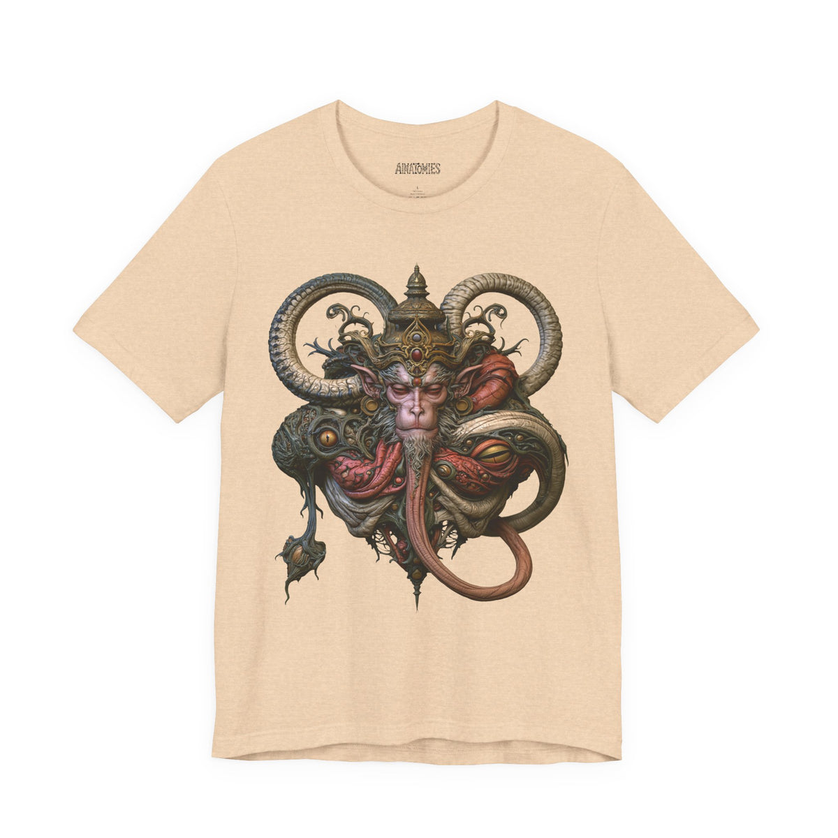 Front of The Weight of a Vow T-Shirt in Heather Sand Dune, featuring a crowned mythic face with curling olive and coral forms.