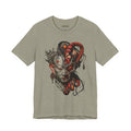 Front of The Unbroken Divide T-Shirt in Heather Stone, featuring a divided gray face with red anatomical forms.
