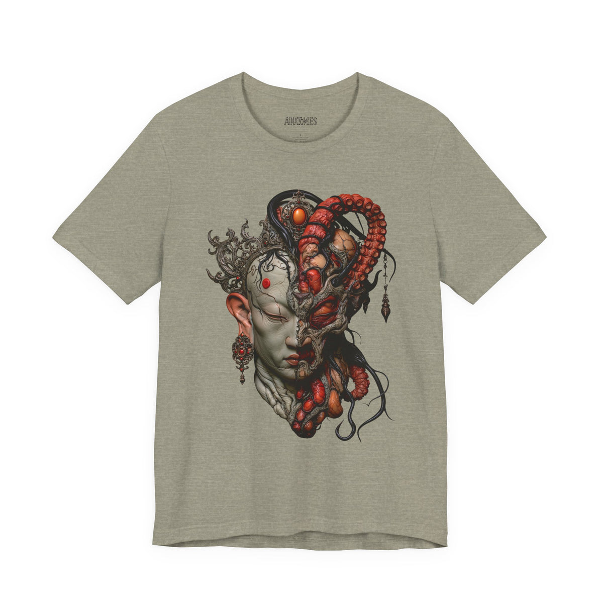 Front of The Unbroken Divide T-Shirt in Heather Stone, featuring a divided gray face with red anatomical forms.