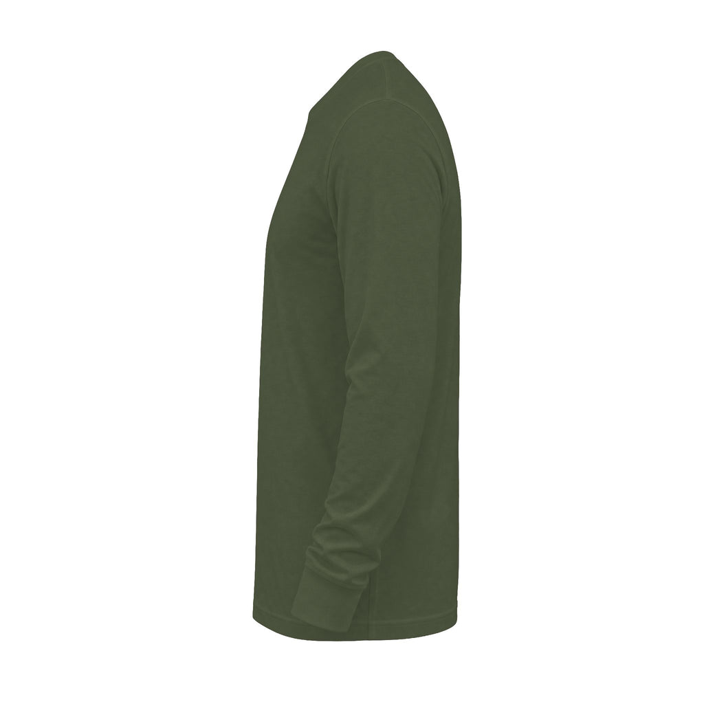 Side view of The Night Must Yield Long Sleeve T-Shirt in Military Green, showing the sleeve and ribbed cuff.
