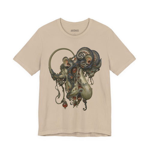 Front of Before the Light Returns T-Shirt in Tan, featuring an ornate olive and bronze creature with a curled tail.