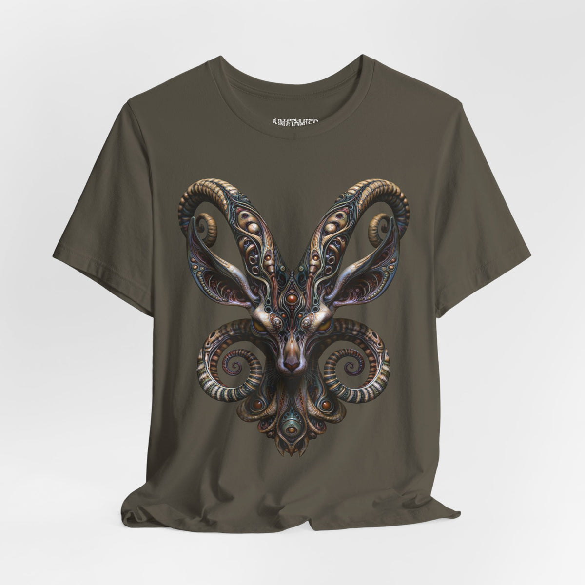 Draped front view of Where Kings Must Kneel T-Shirt in Army, showing the artwork and fabric.