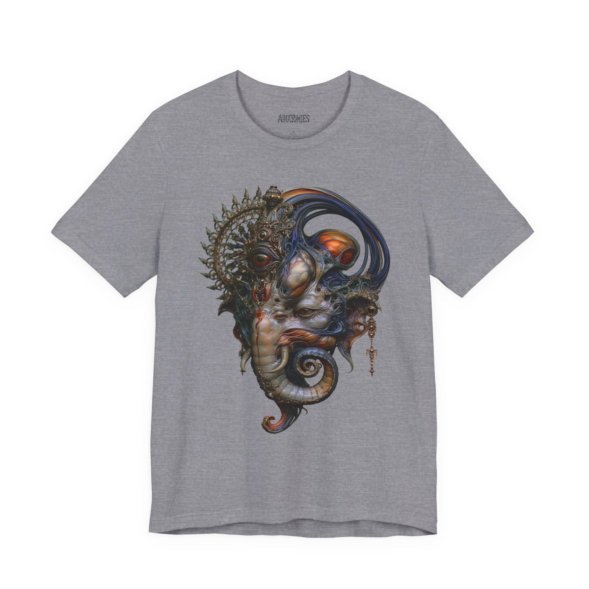 Front of The First Becoming T-Shirt in Heather Storm, featuring a surreal face with blue curves, orange accents and an ornate circular crown.