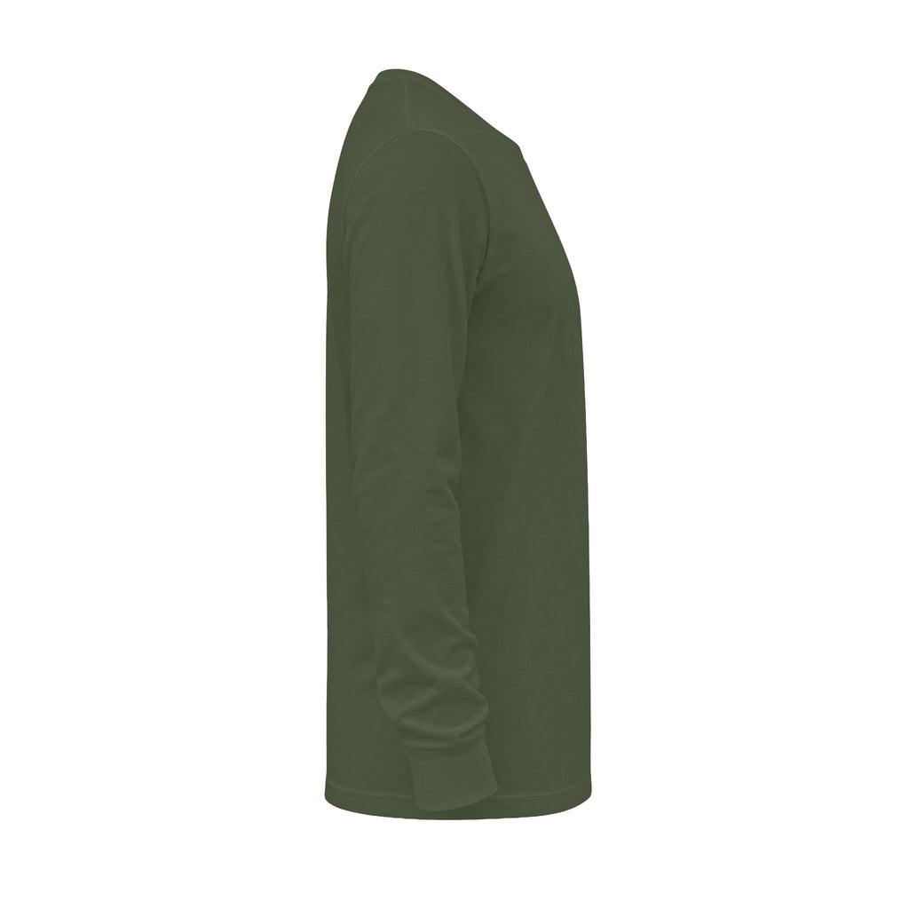 Opposite side view of The Night Must Yield Long Sleeve T-Shirt in Military Green, showing the sleeve and straight hem.