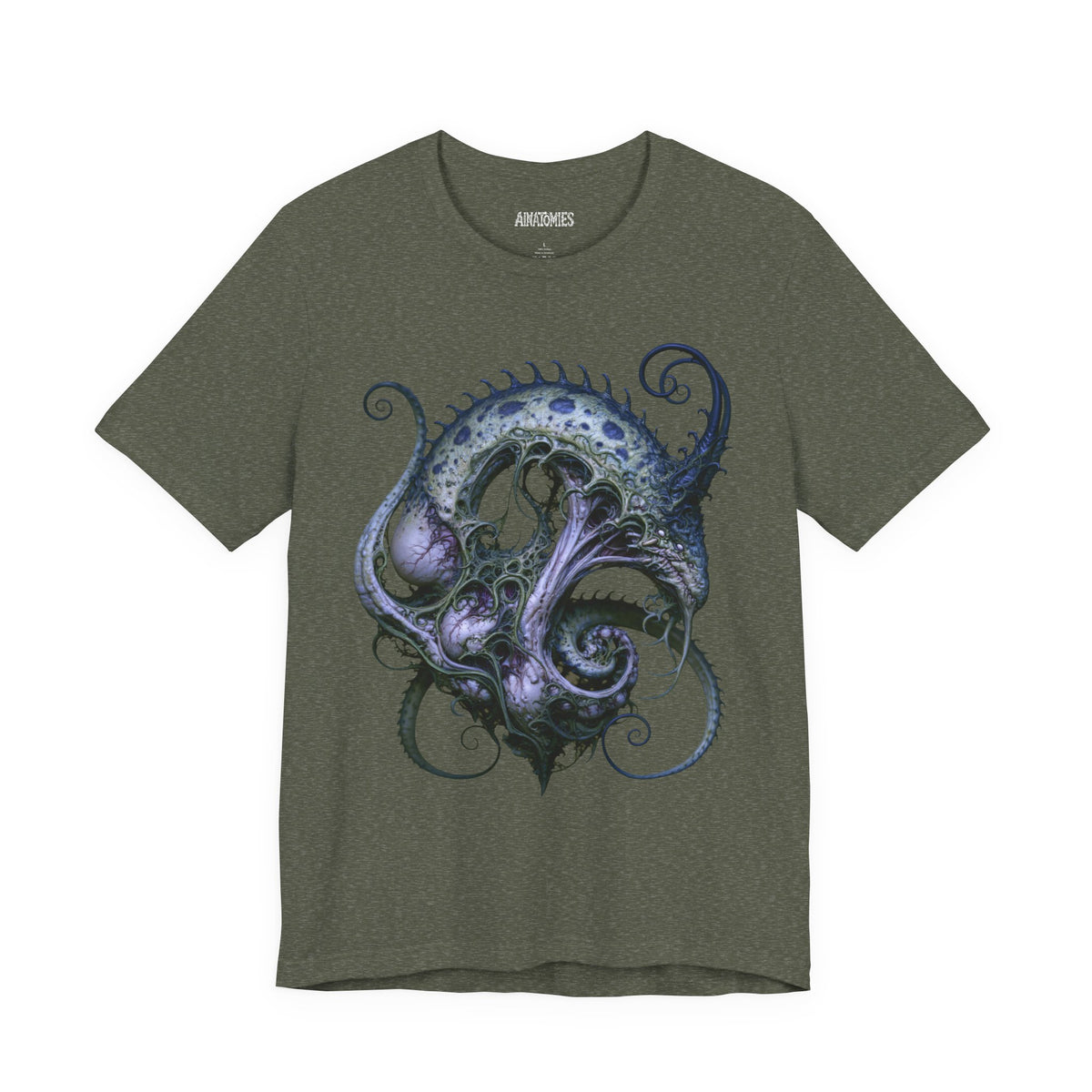 Front of A Stillness That Breathes T-Shirt in Heather Military Green, featuring blue and violet sea serpent artwork.
