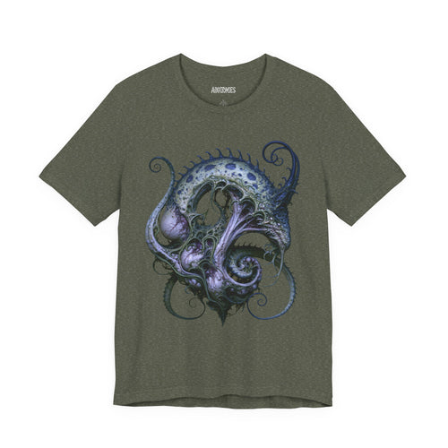 Front of A Stillness That Breathes T-Shirt in Heather Military Green, featuring blue and violet sea serpent artwork.