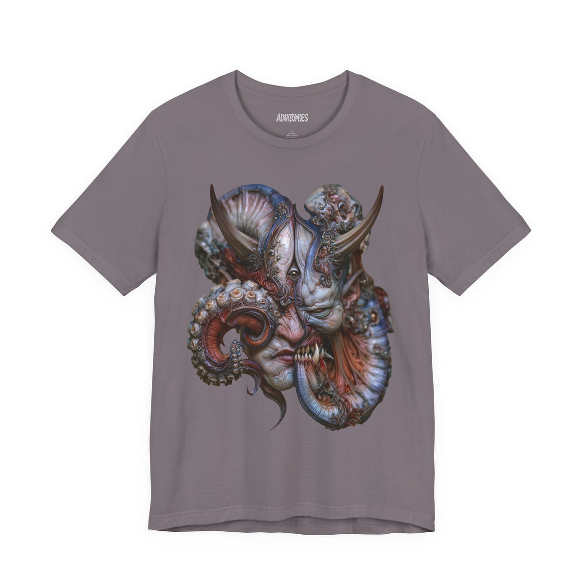 Front of The Patience of Wrath T-Shirt in Storm, featuring a horned face surrounded by blue, violet and coral forms.