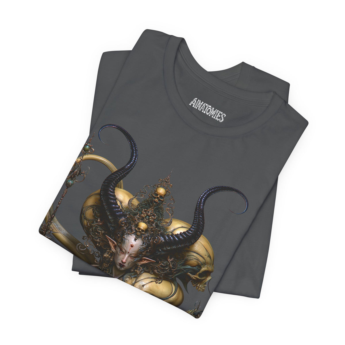 Folded The Mercy of Unmaking T-Shirt in Asphalt, showing a close view of an ornate gold and black figure with curling organic forms.