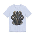 Front of The Refusal to End T-Shirt in Heather Prism Blue, featuring a symmetrical serpent portrait with coiled forms in teal and ivory.