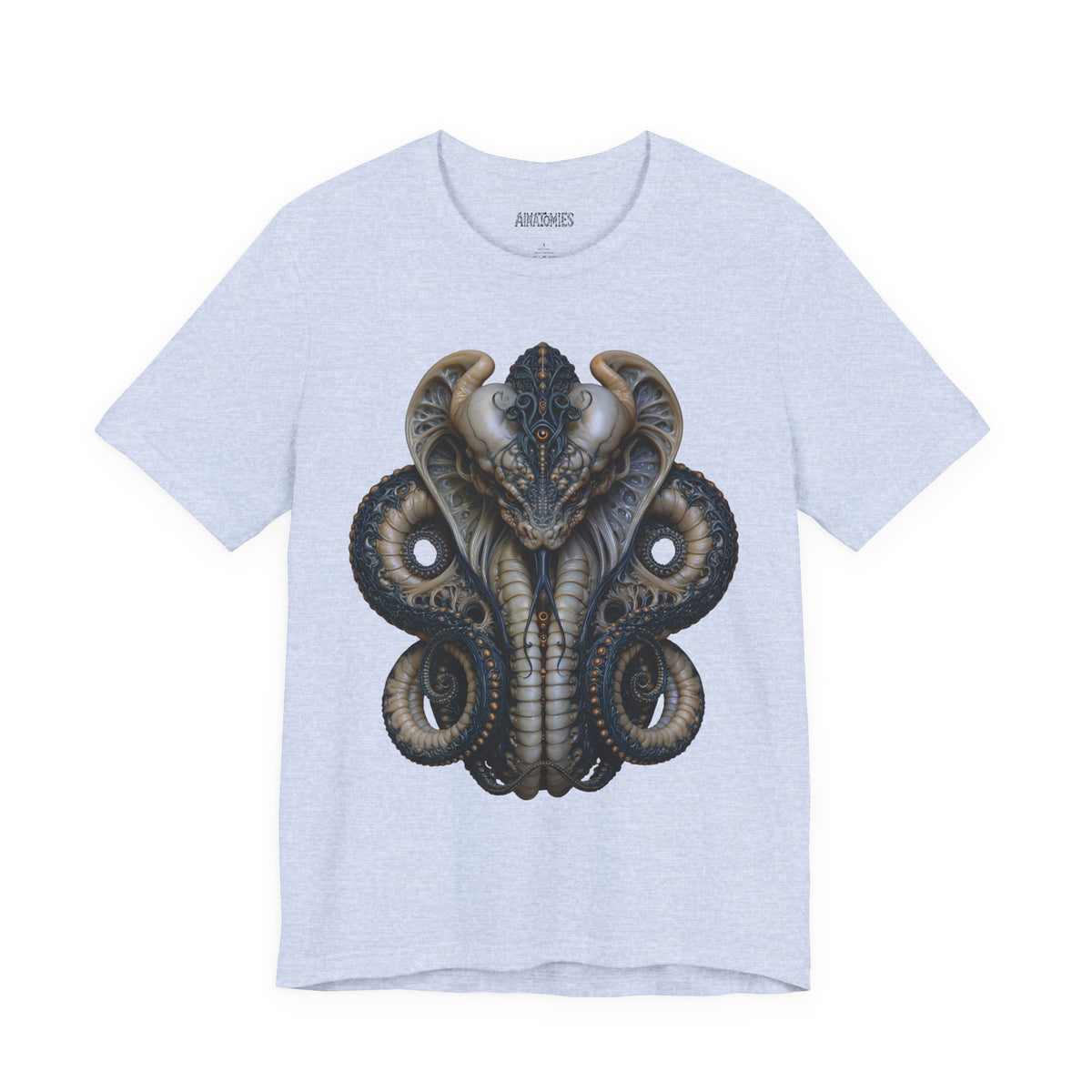 Front of The Refusal to End T-Shirt in Heather Prism Blue, featuring a symmetrical serpent portrait with coiled forms in teal and ivory.