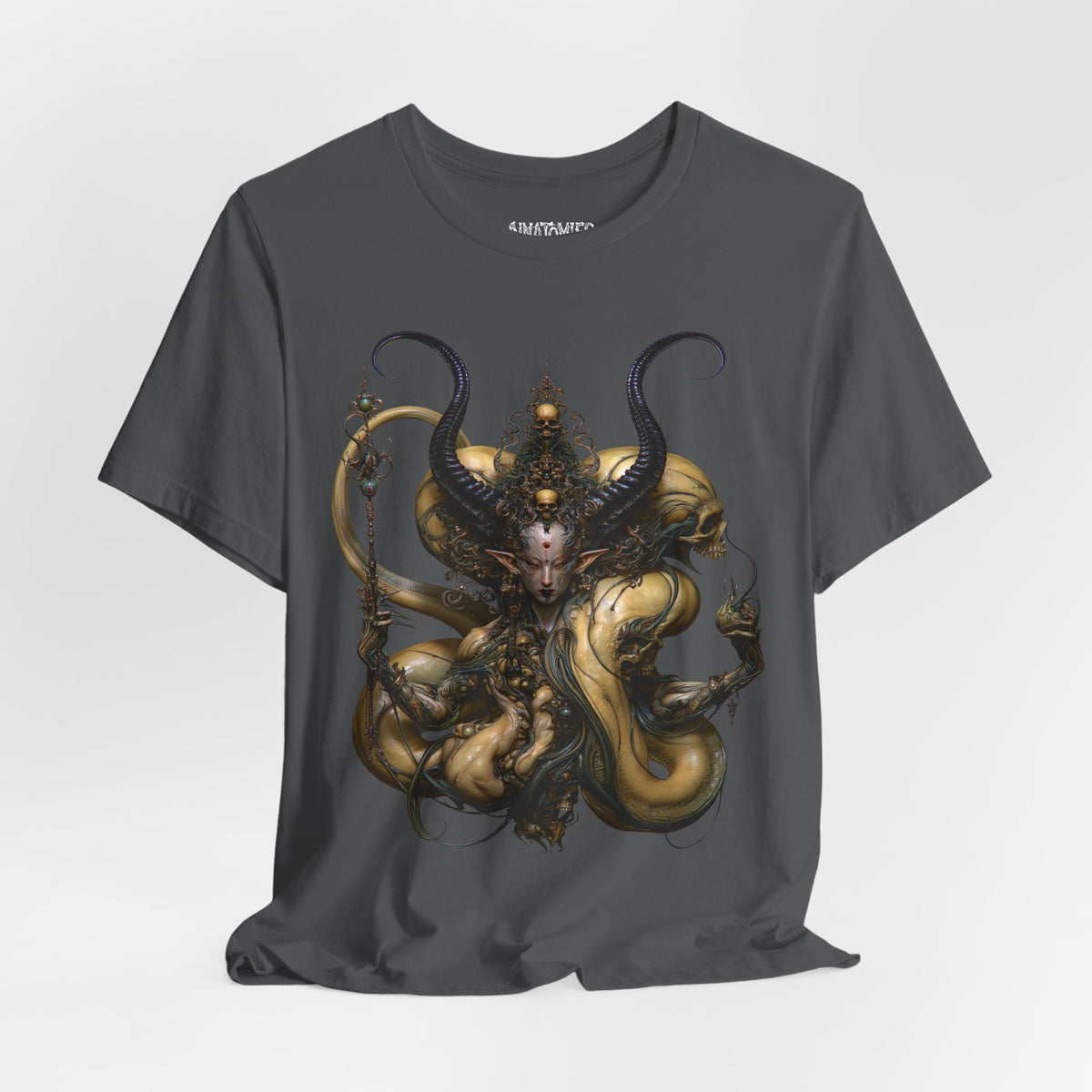 Draped front view of The Mercy of Unmaking T-Shirt in Asphalt, showing the artwork and fabric.