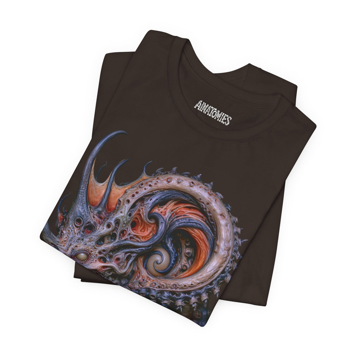 Folded The Shape of a Rumor T-Shirt in Brown, showing a close view of a coiled sea serpent in violet, orange and blue.