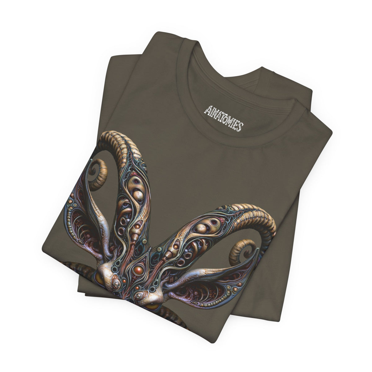 Folded Where Kings Must Kneel T-Shirt in Army, showing a close view of a symmetrical bronze and teal creature with curled, segmented forms.