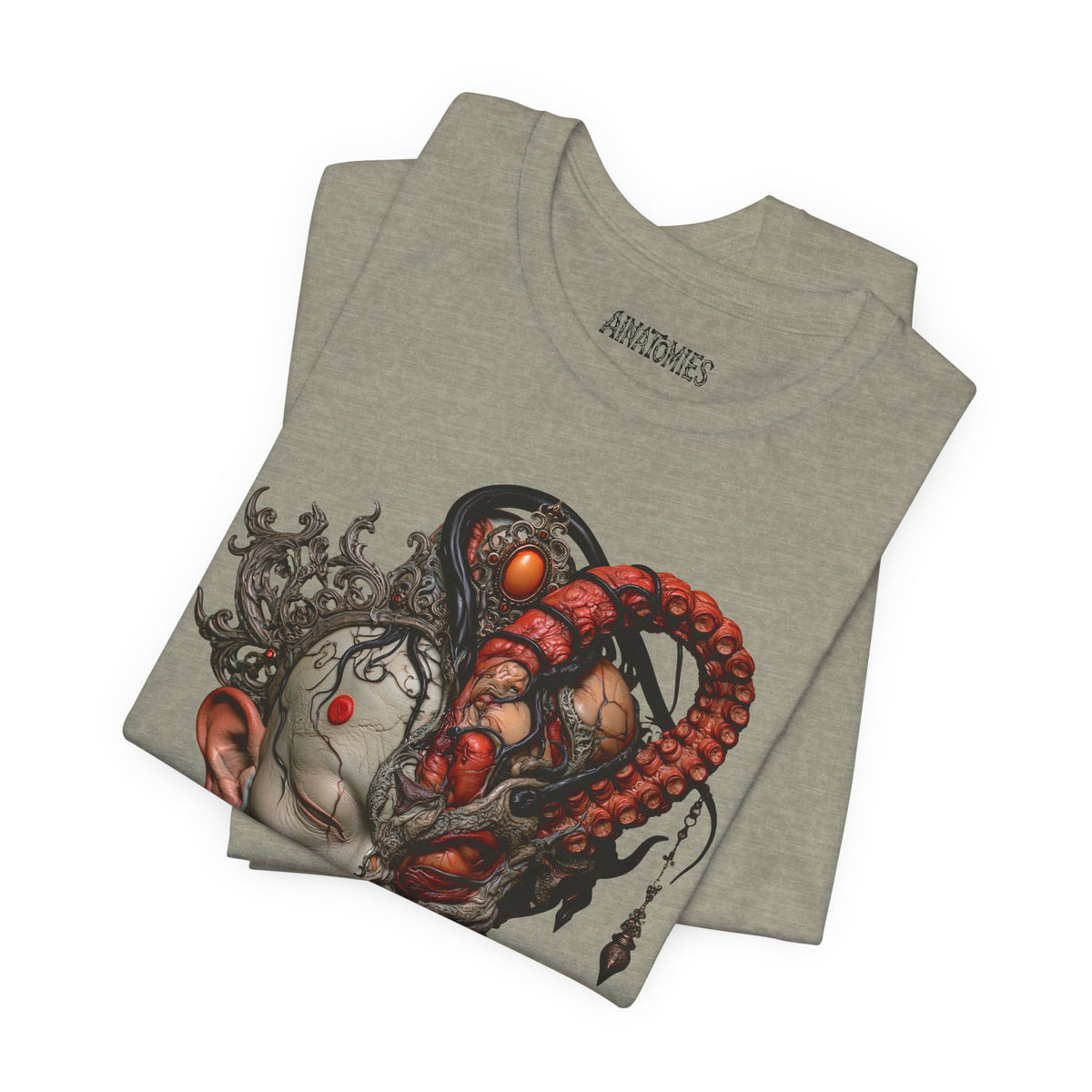 Folded The Unbroken Divide T-Shirt in Heather Stone, showing a close view of a divided gray face with red anatomical forms.