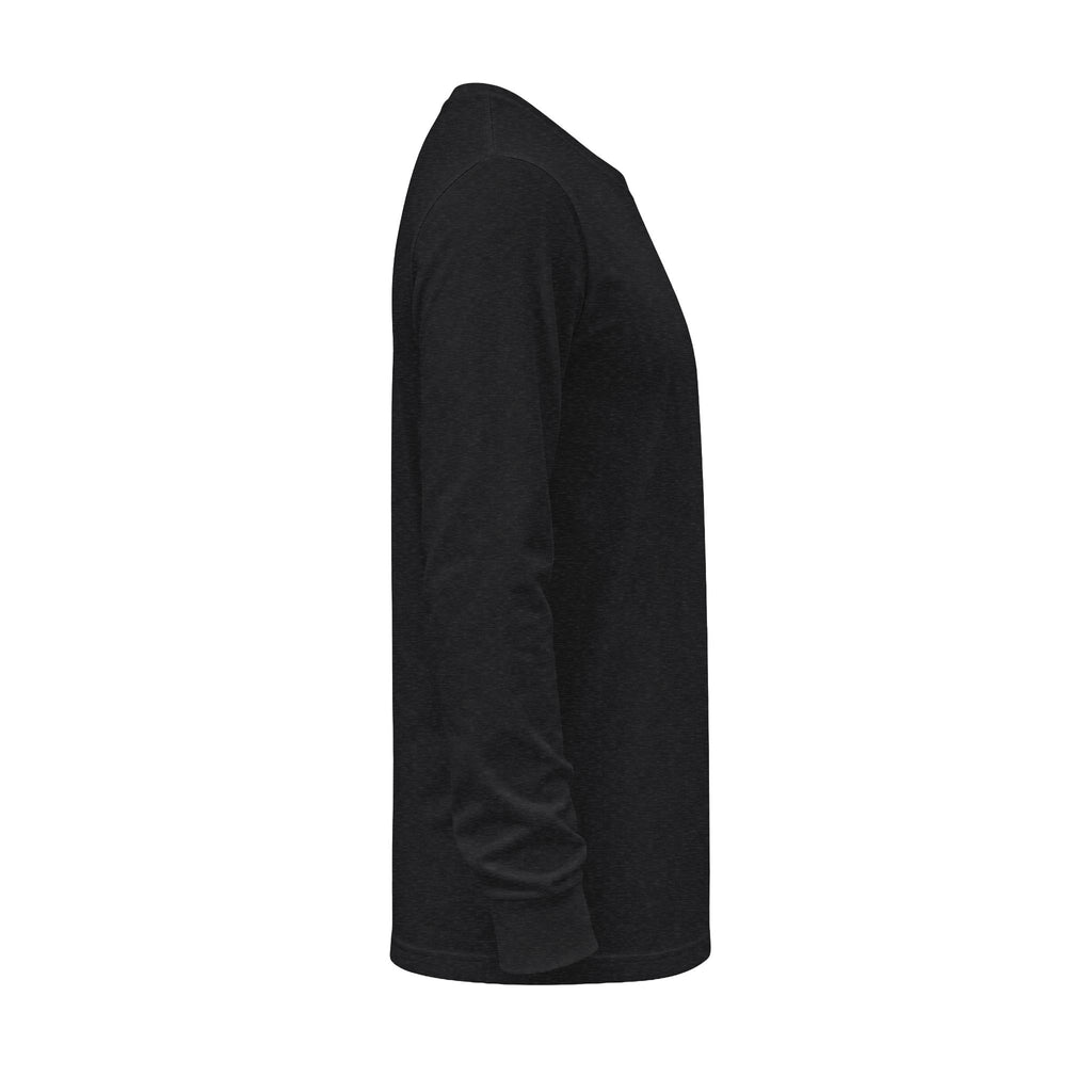 Opposite side view of The Sacred Contradiction Long Sleeve T-Shirt in Dark Grey Heather, showing the sleeve and straight hem.