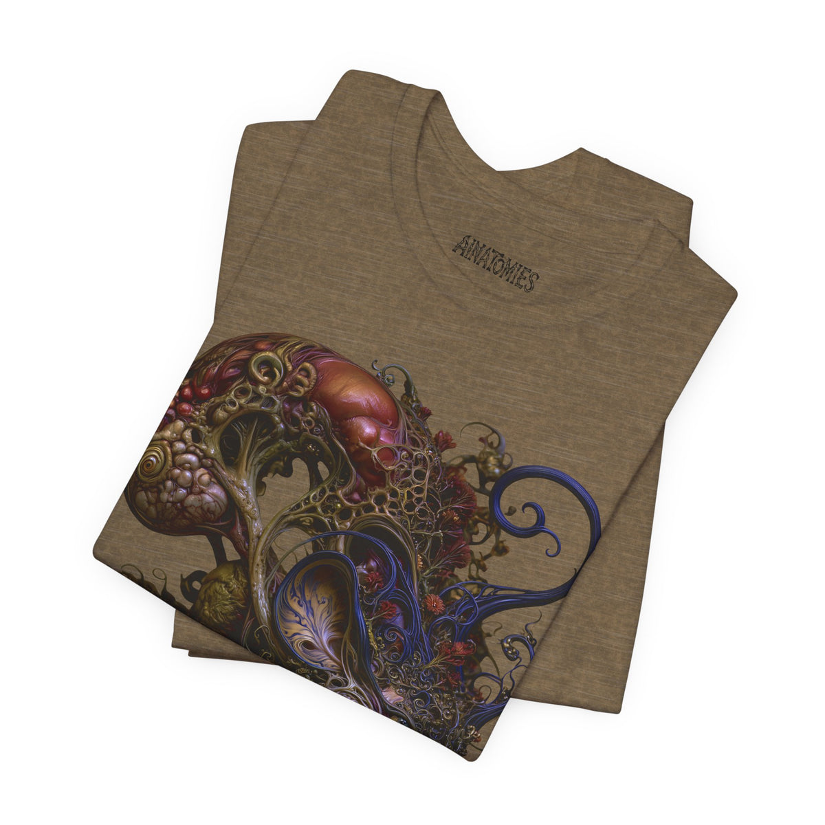Folded What the Fire Keeps T-Shirt in Heather Olive, showing a close view of a curling dragon in burgundy, violet and blue.