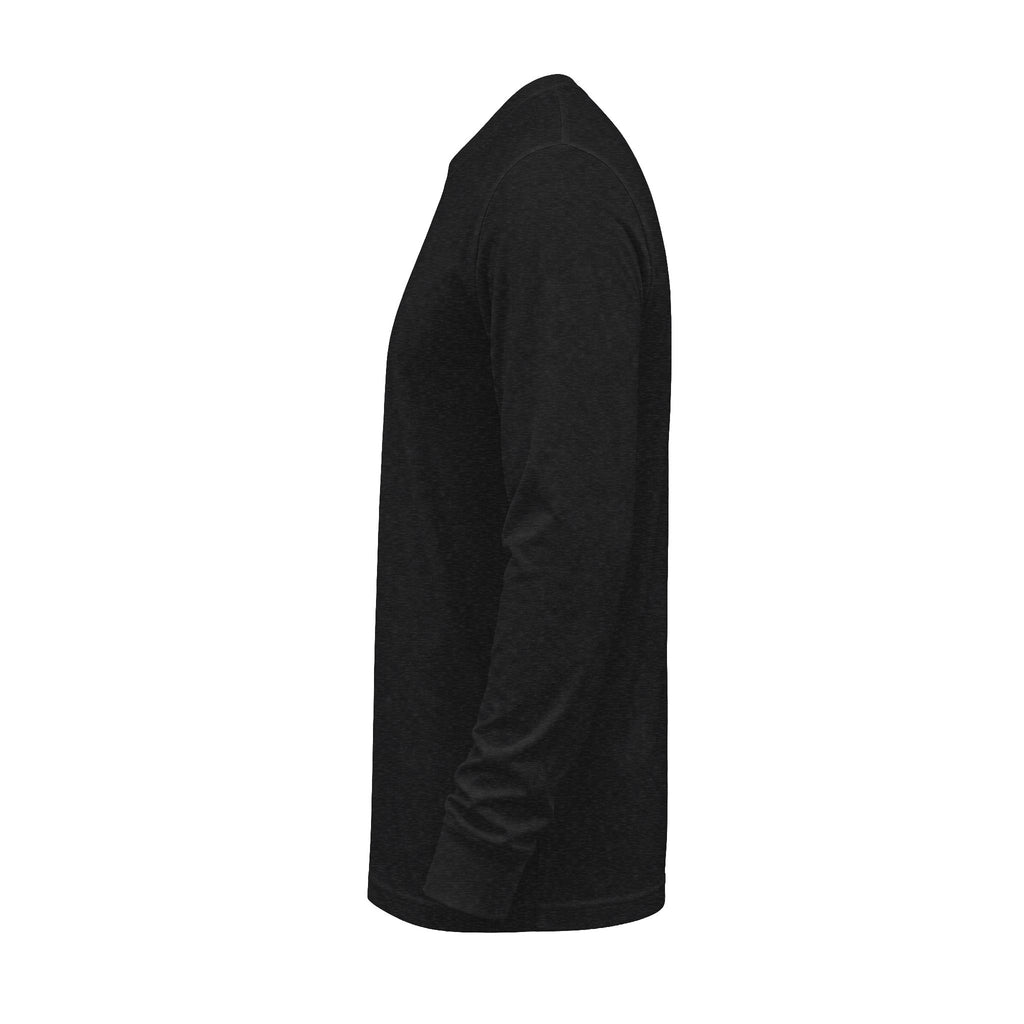 Side view of The Sacred Contradiction Long Sleeve T-Shirt in Dark Grey Heather, showing the sleeve and ribbed cuff.