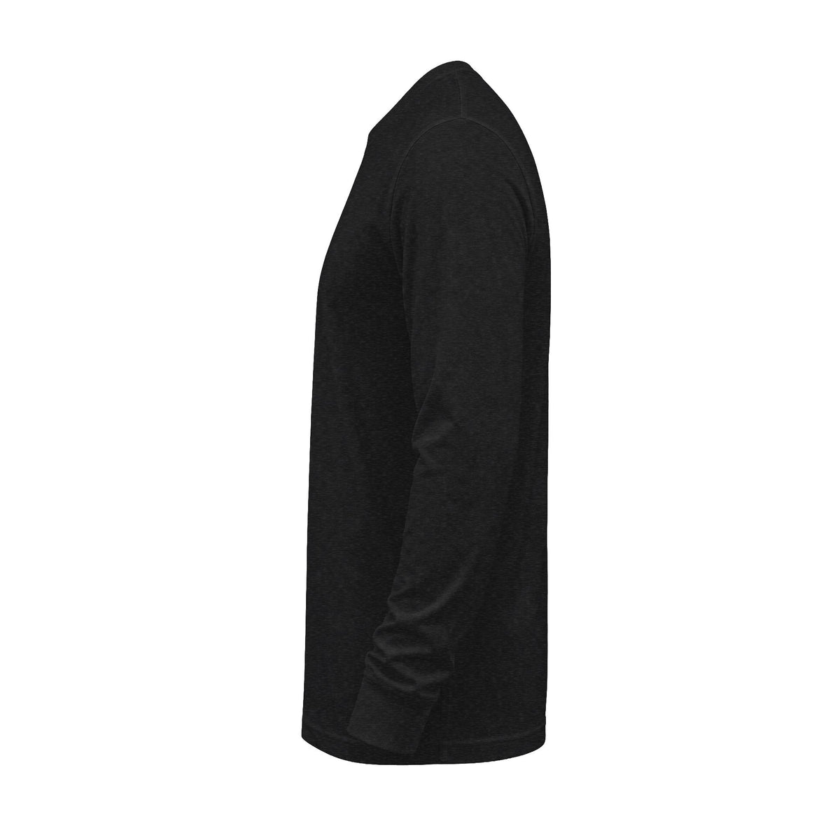 Side view of The Sacred Contradiction Long Sleeve T-Shirt in Dark Grey Heather, showing the sleeve and ribbed cuff.