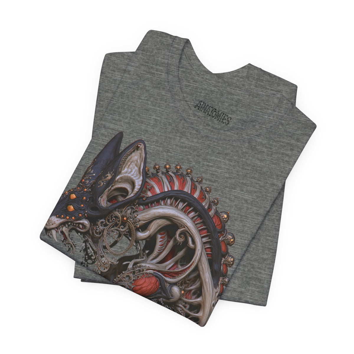 Folded The Last Threshold T-Shirt in Deep Heather, showing a close view of a skeletal creature with pointed ears and a curled segmented tail.
