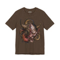 Front of The Hunger Beneath T-Shirt in Heather Brown, featuring a horned creature in pink, red and gold.