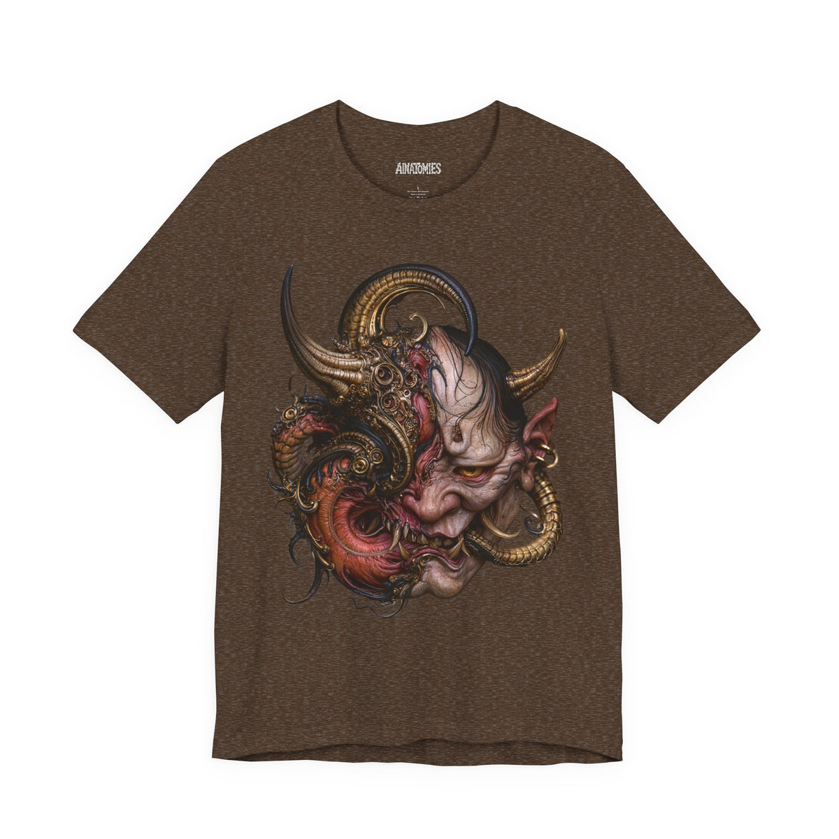 Front of The Hunger Beneath T-Shirt in Heather Brown, featuring a horned creature in pink, red and gold.