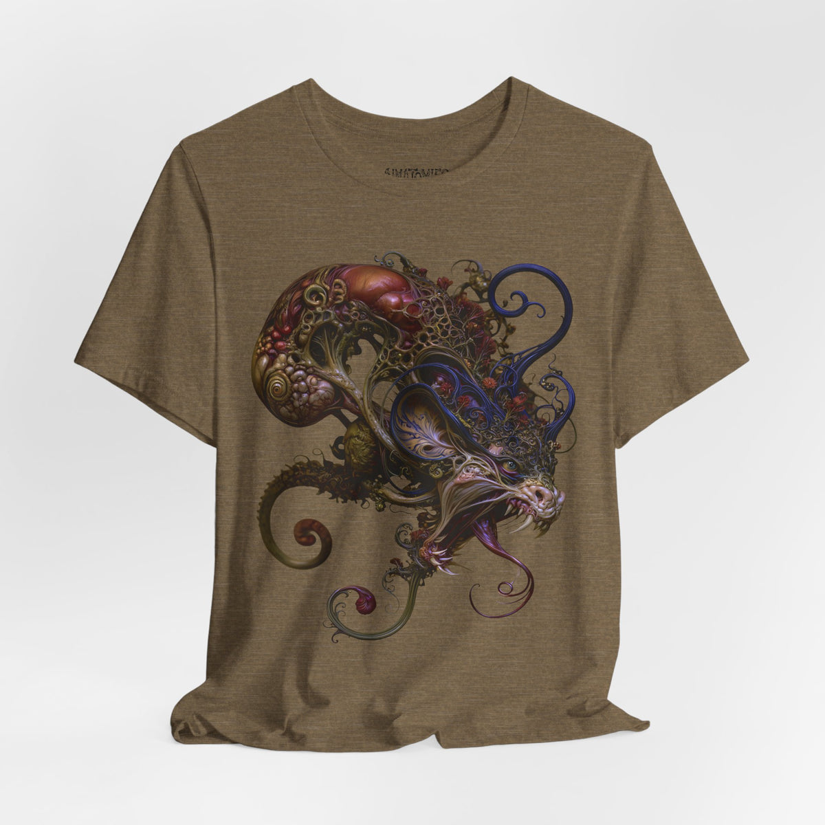 Draped front view of What the Fire Keeps T-Shirt in Heather Olive, showing the artwork and fabric.