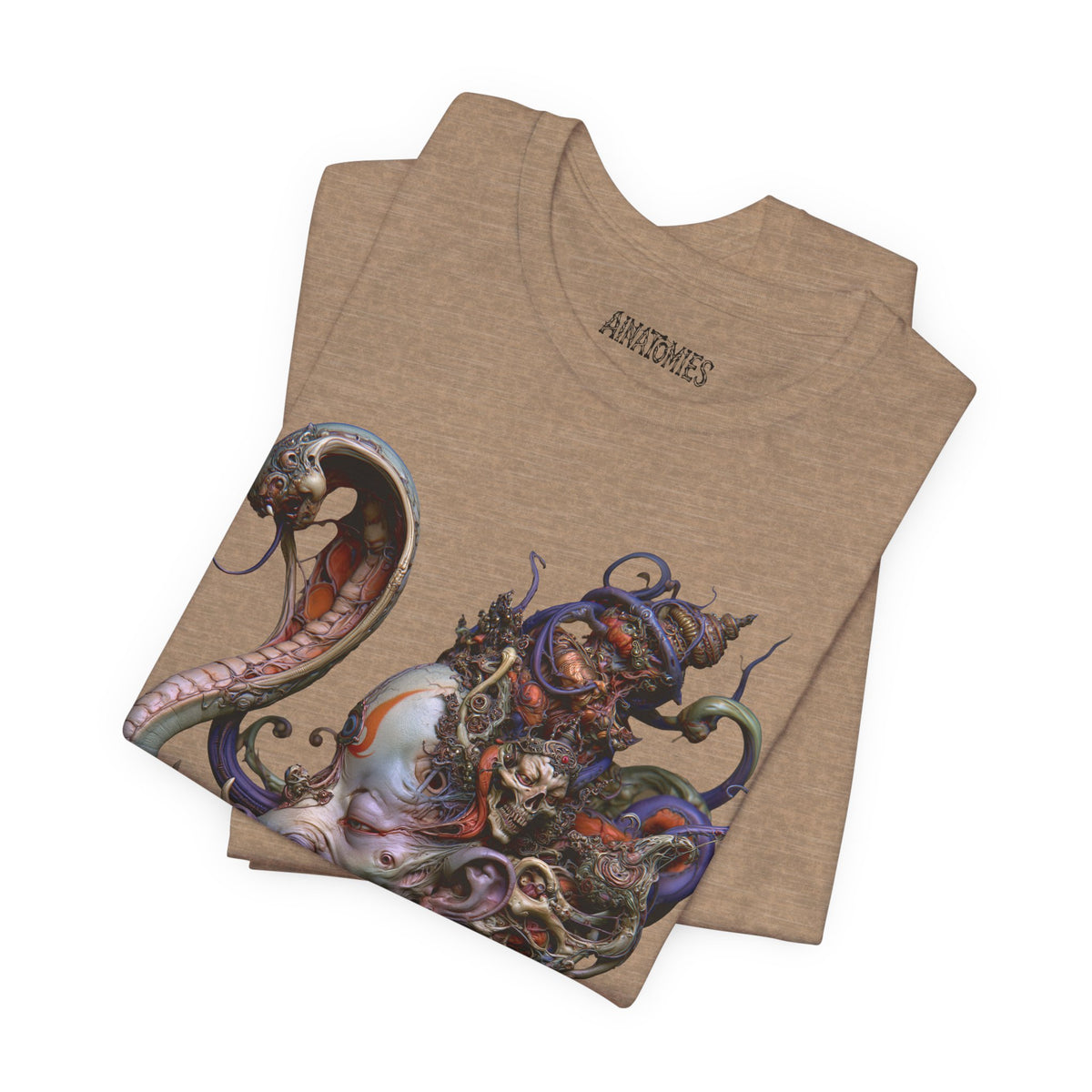 Folded The Eternal Accord T-Shirt in Heather Tan, showing a close view of a richly ornamented figure surrounded by coiling organic forms.