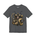 Front of The Mercy of Unmaking T-Shirt in Asphalt, featuring an ornate gold and black figure with curling organic forms.