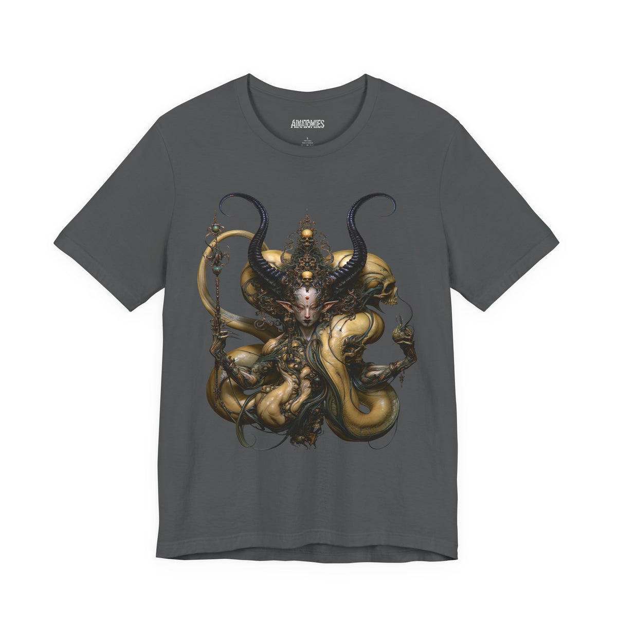 Front of The Mercy of Unmaking T-Shirt in Asphalt, featuring an ornate gold and black figure with curling organic forms.