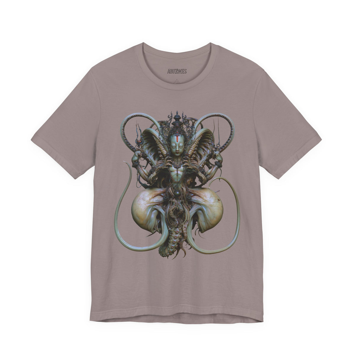 Front of The Thread That Holds T-Shirt in Pebble Brown, featuring an ornate guardian portrait with green, blue and ivory curls.