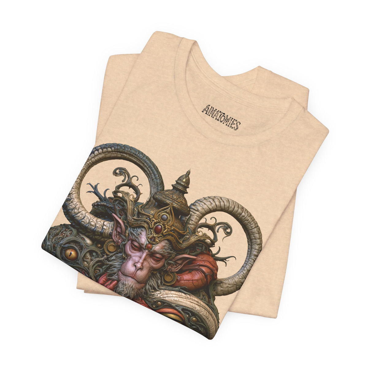 Folded The Weight of a Vow T-Shirt in Heather Sand Dune, showing a close view of a crowned mythic face with curling olive and coral forms.