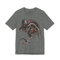 Front of The Last Threshold T-Shirt in Deep Heather, featuring a skeletal creature with pointed ears and a curled segmented tail.