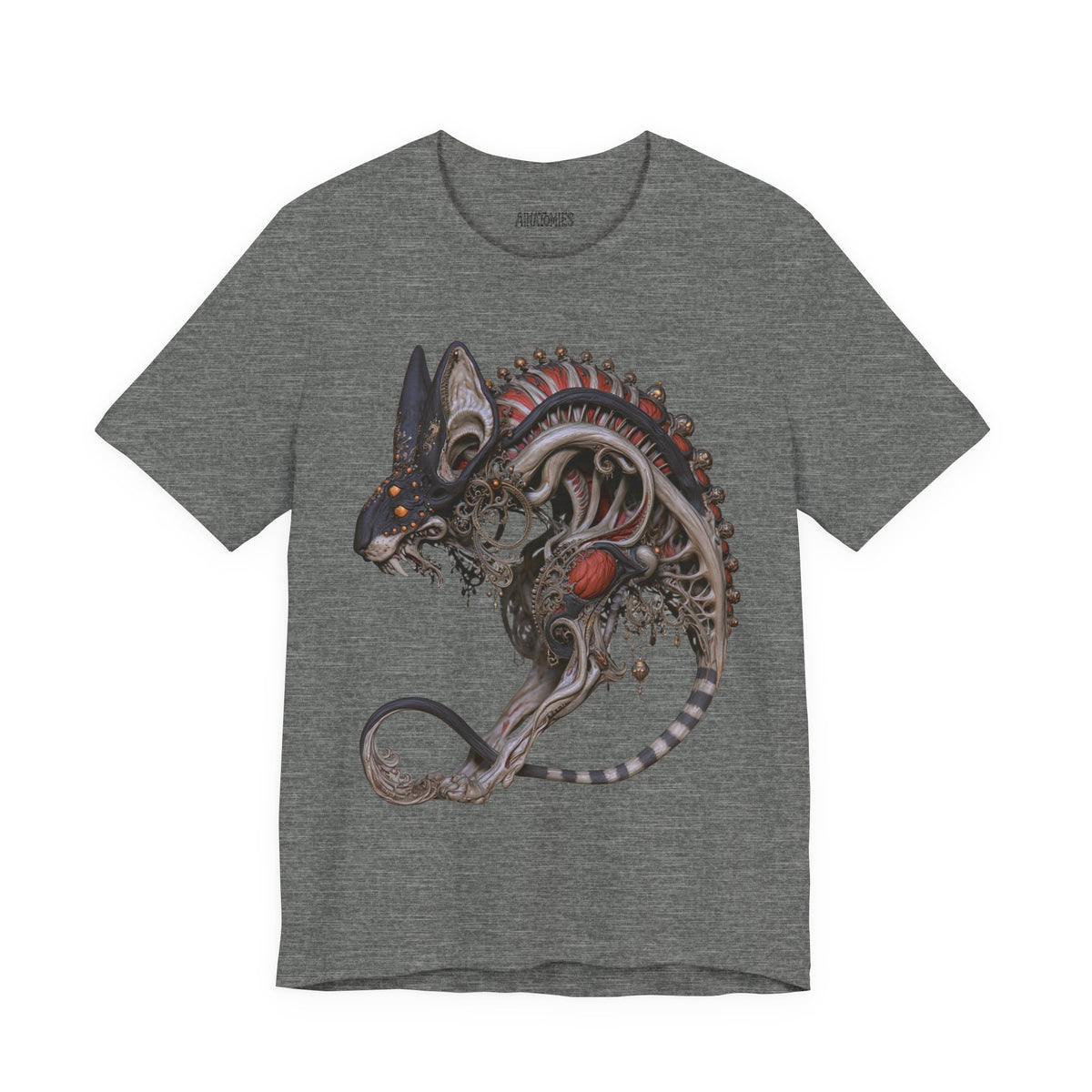 Front of The Last Threshold T-Shirt in Deep Heather, featuring a skeletal creature with pointed ears and a curled segmented tail.