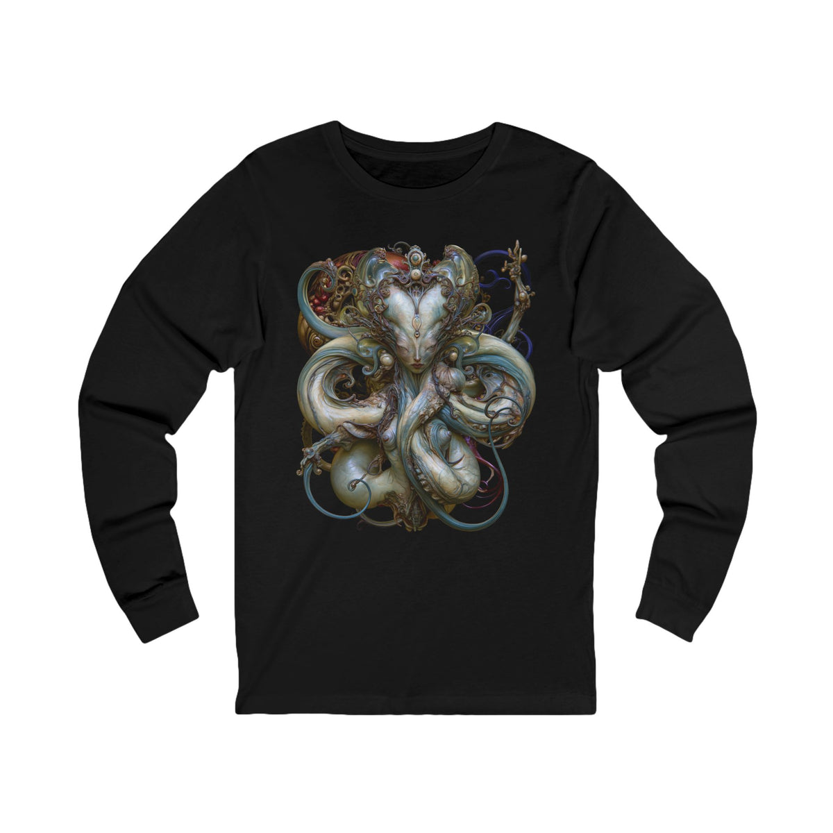 Front of The Grace of Defiance Long Sleeve T-Shirt in Black, featuring an ivory and teal guardian portrait with curling ornamental forms.