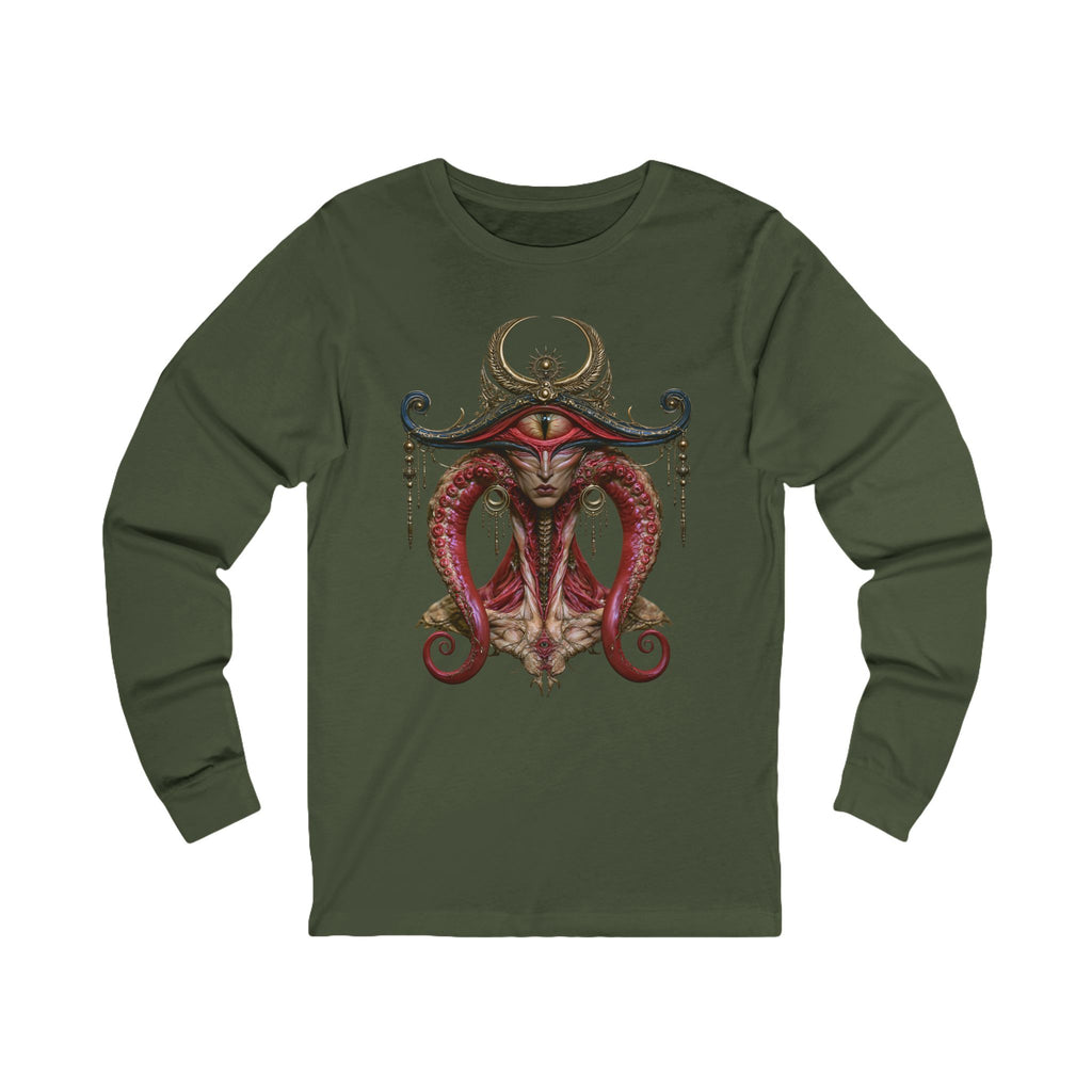 Front of The Night Must Yield Long Sleeve T-Shirt in Military Green, featuring a symmetrical red and gold birdlike portrait with a crescent crest.