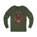 Front of The Night Must Yield Long Sleeve T-Shirt in Military Green, featuring a symmetrical red and gold birdlike portrait with a crescent crest.