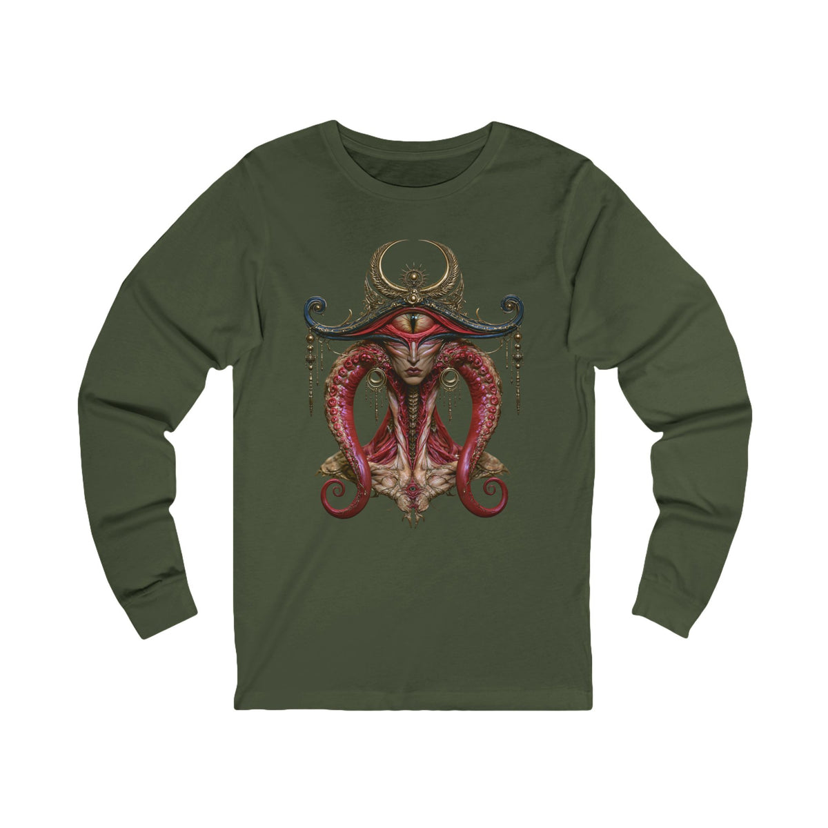 Front of The Night Must Yield Long Sleeve T-Shirt in Military Green, featuring a symmetrical red and gold birdlike portrait with a crescent crest.